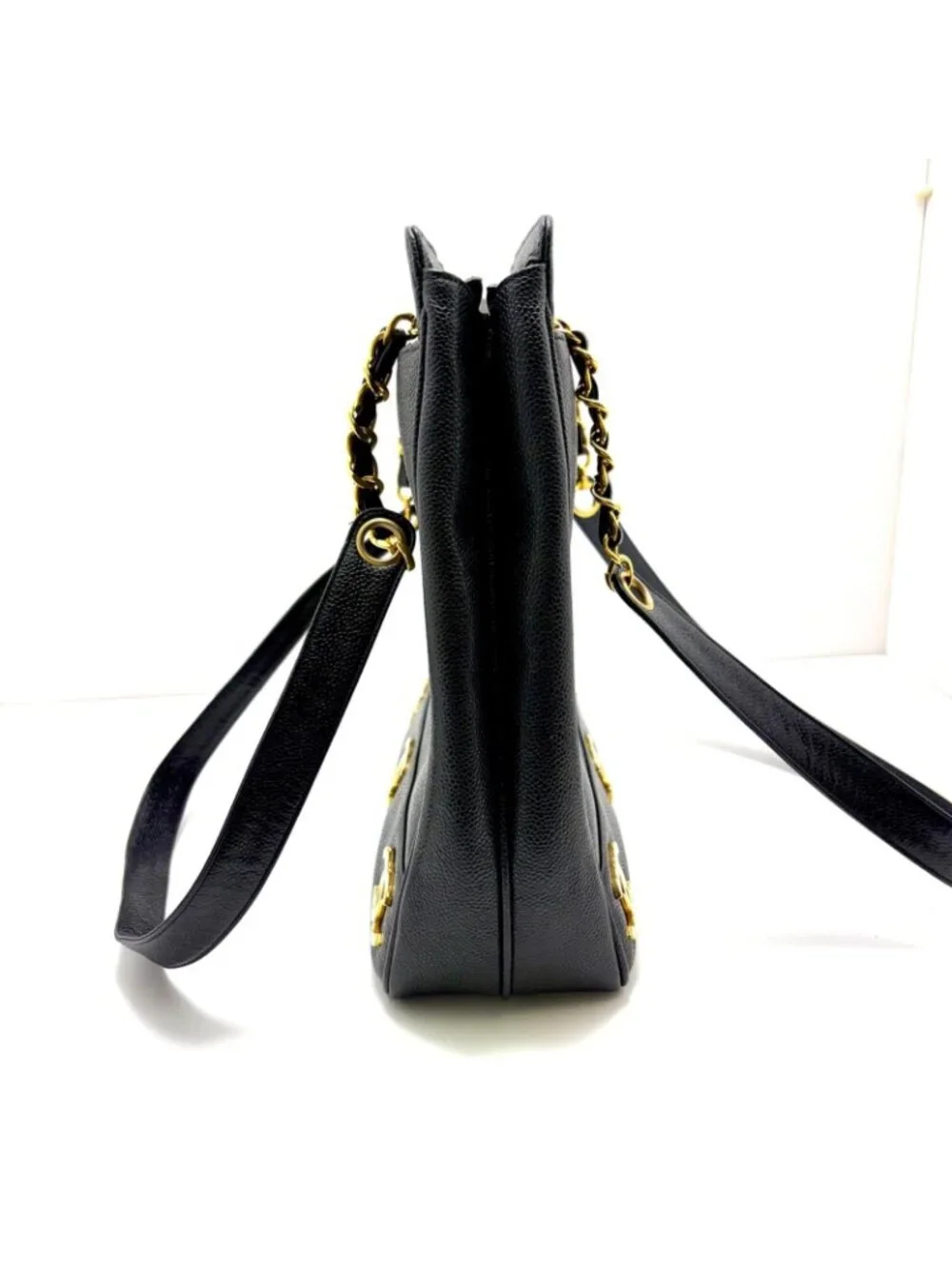 Chanel Triple Coco Chain Shoulder Tote Bag Black Caviar